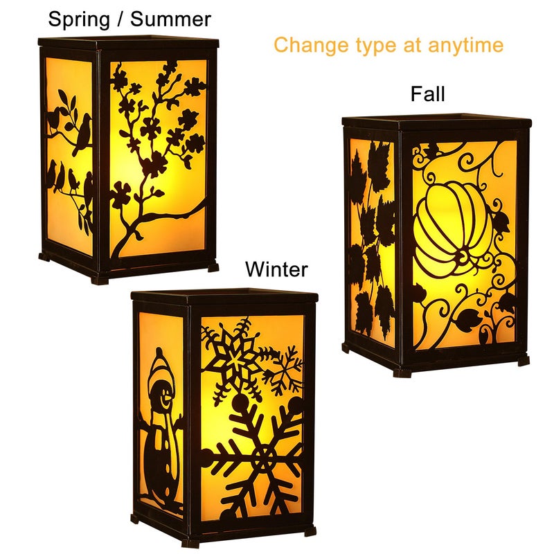 GiveU Decorative Led Candle Lantern with Timer Rustic Candle Lantern with Twelve Magnetic Seasonal Themed Panels ,5 x 5 x 8.5" Black - Image 4